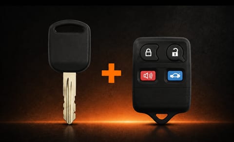 Ford transponder key next to a separate four-button remote