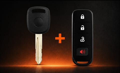 Nissan transponder key next to a separate four-button remote
